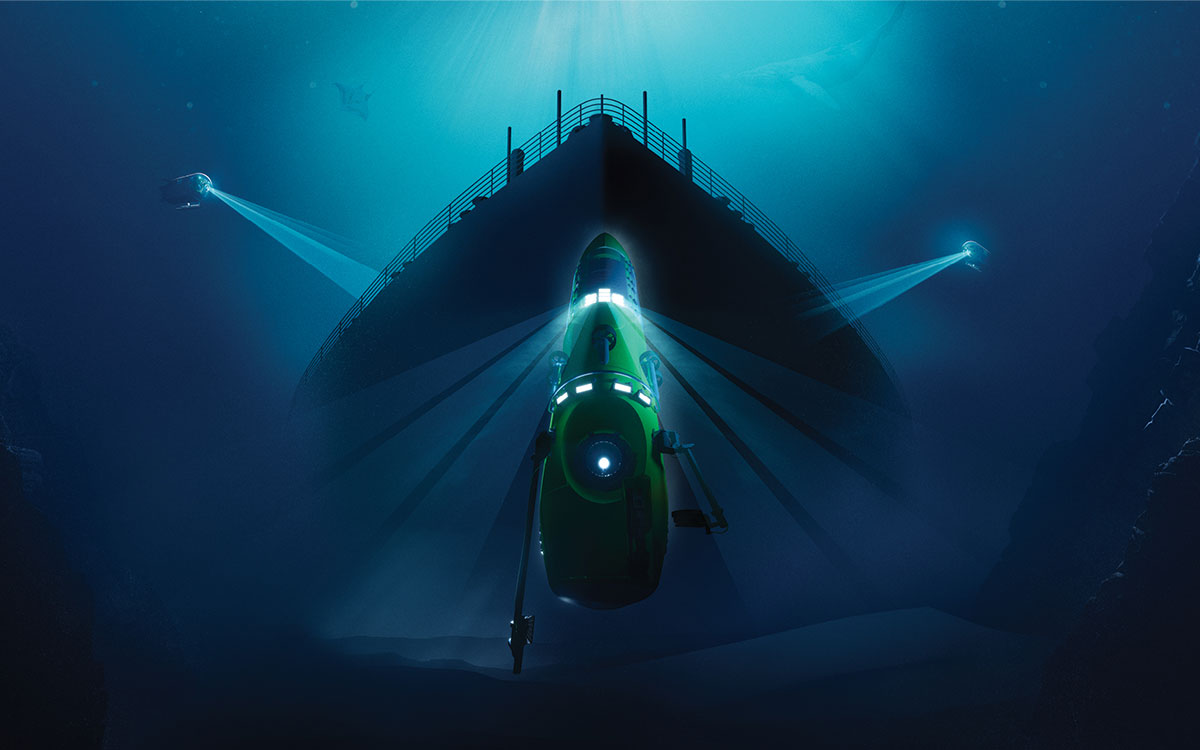Bow of a ship and yellow underwater watercraft