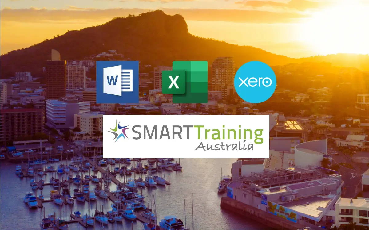 Microsoft Word, Microsoft Excel, Xero and Smart Training Australia logos over a photo of Townsville