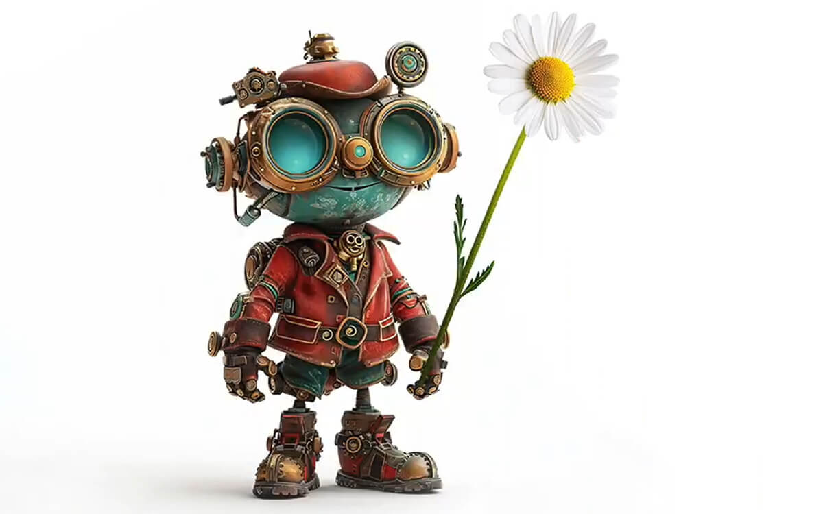 Mechanical robot holding a flower