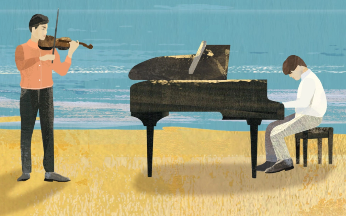 Musicians playing instruments on the beach