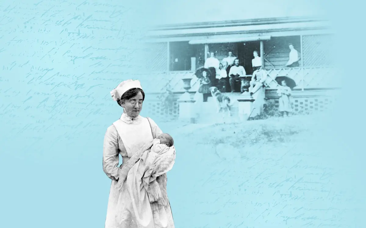 Old photo of a nurse holding a baby
