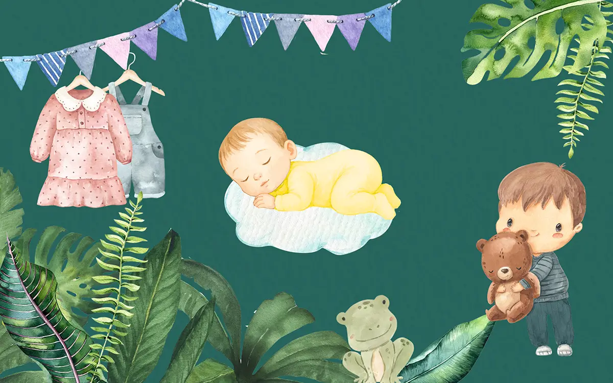 Cartoon babies with foliage, flags, a teddy bear and a frog