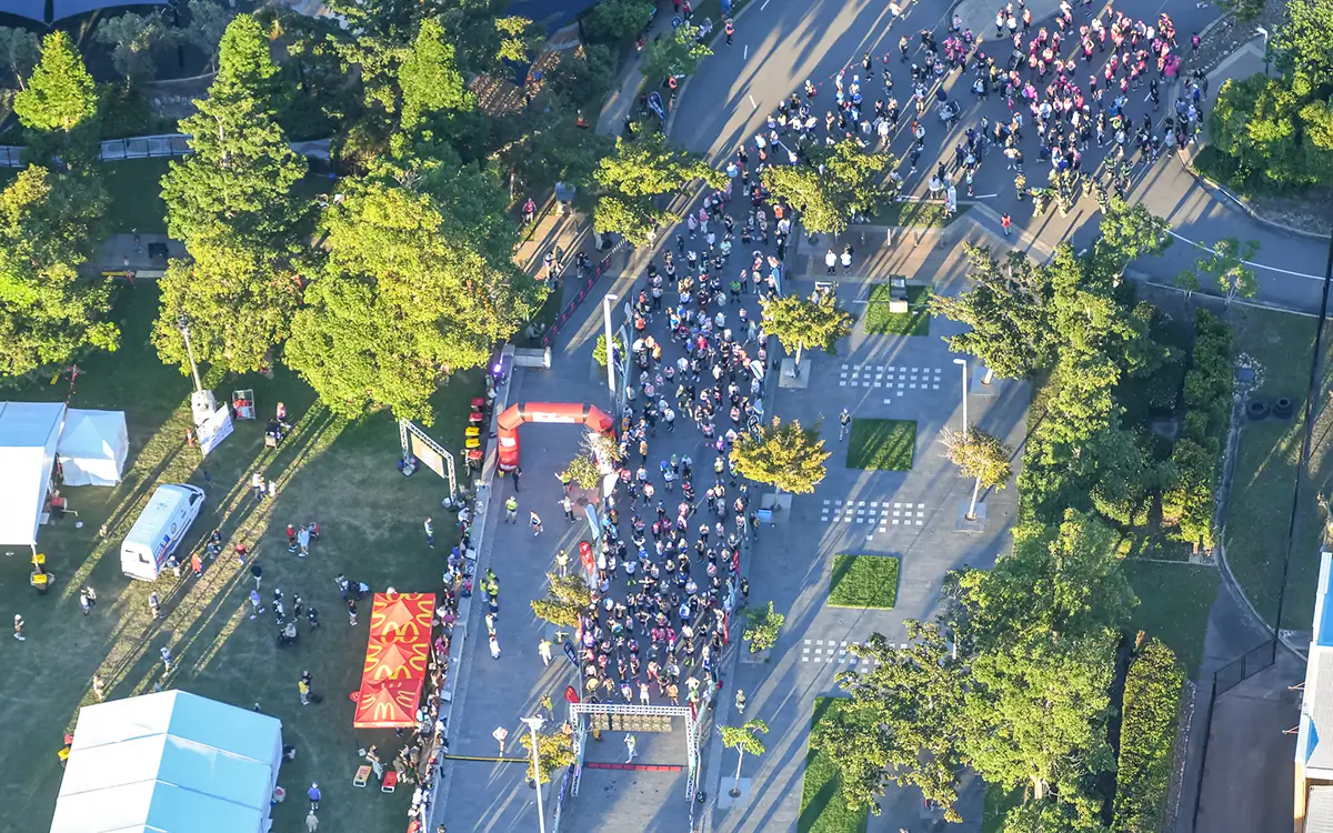 Aerial of runners approaching the finishing line