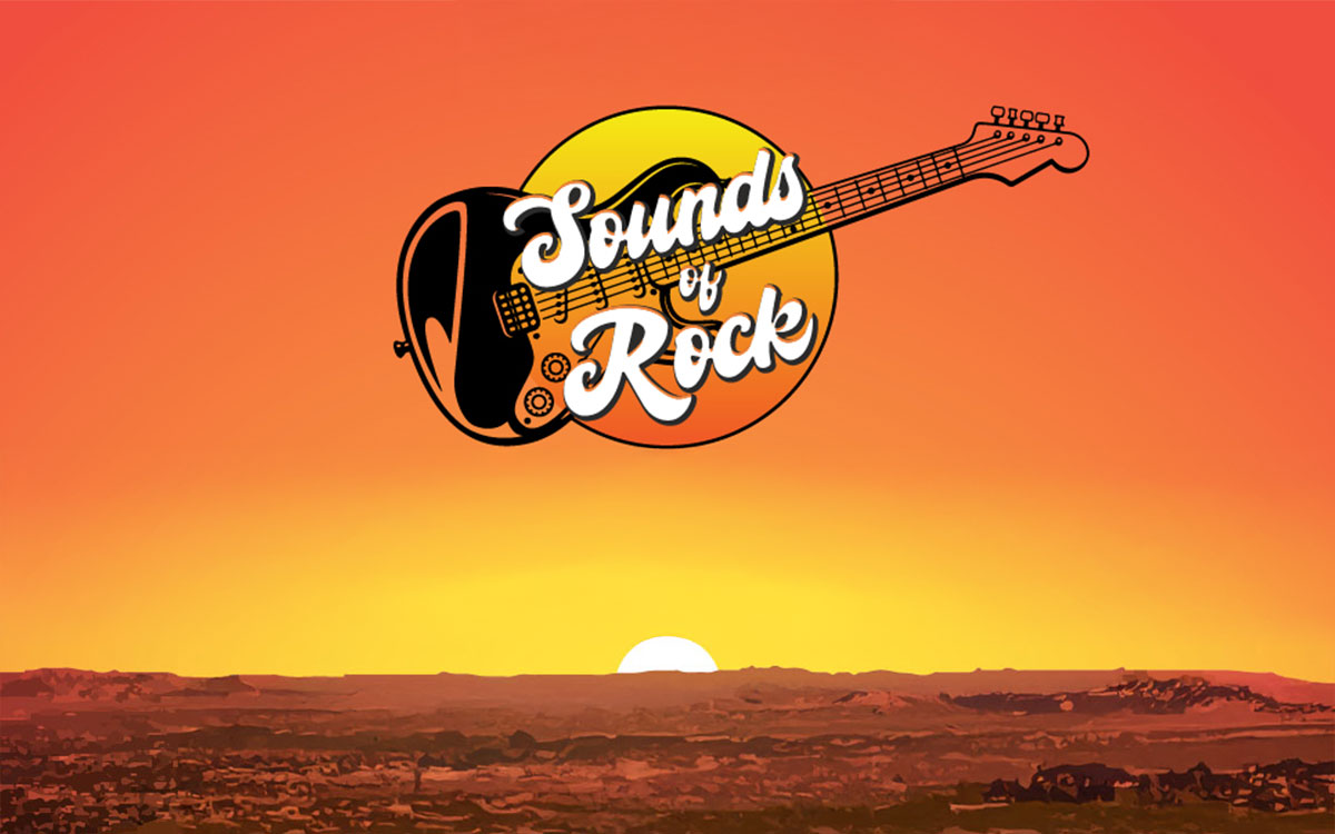 Sounds of Rock text on a sunset background