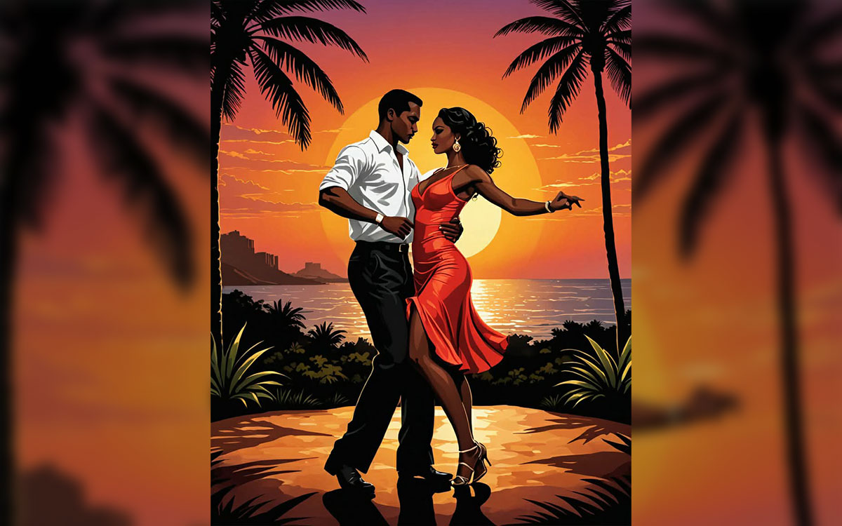 A couple dancing against a sunset background