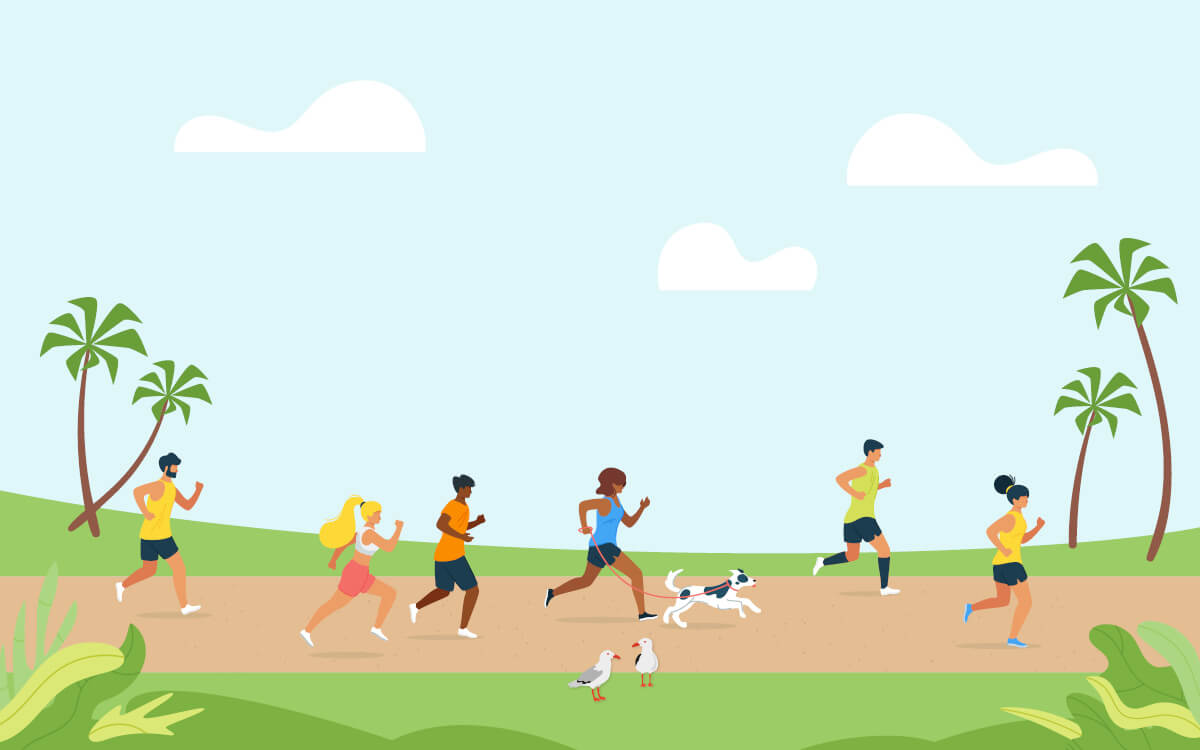 Animated people running with a dog