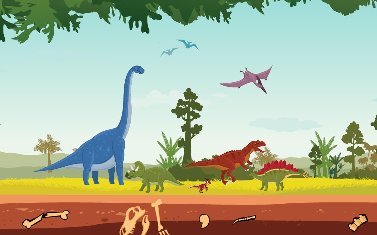 Cartoon dinosaurs - possibly a brontosaurus, pterodactyls, an allosaurus, triceratops, velociraptor, and a stegosaurus