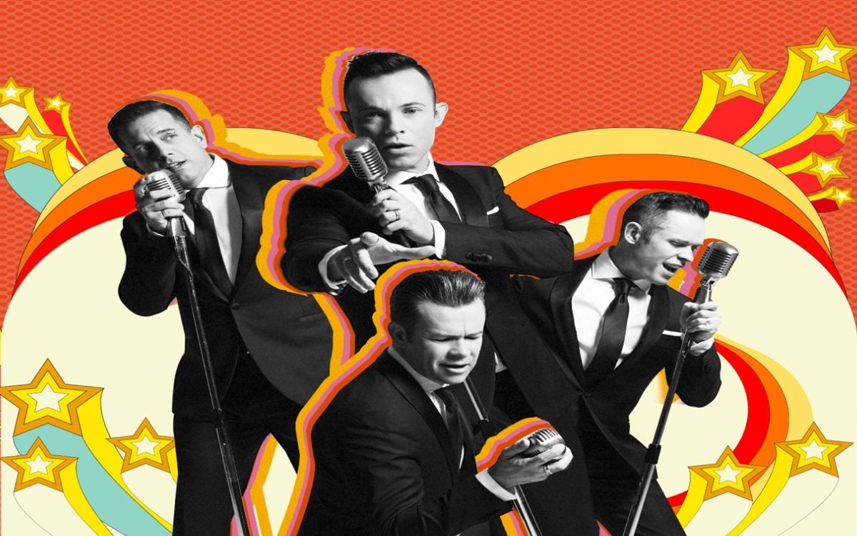Human Nature members holding microphones in front of a trippy orange background