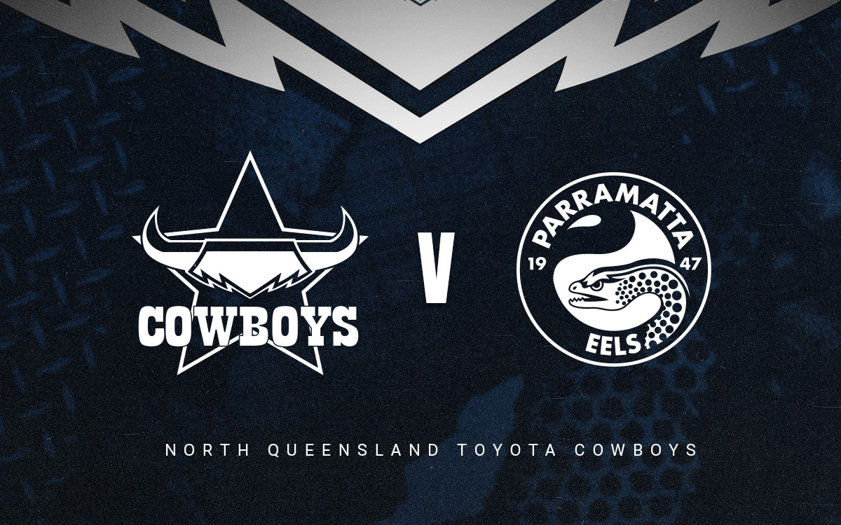 Cowboys vs Parramatta logos on blue and white background