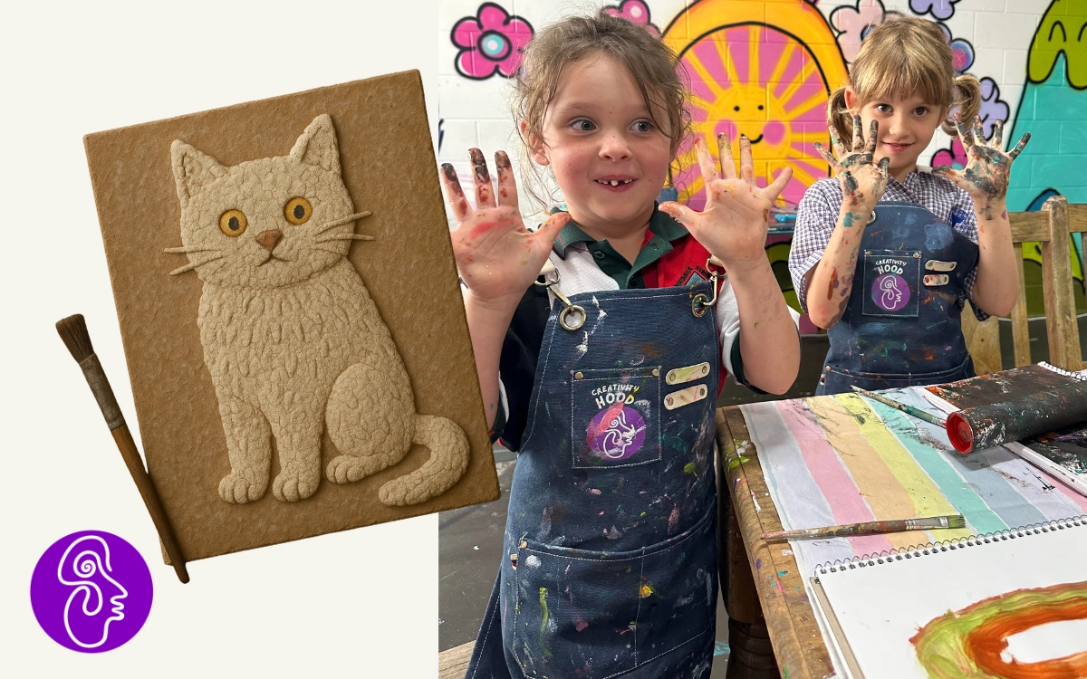 Children painting in a workshop with a salt dough cat sculpture. Includes a ChatGPT AI generated image.