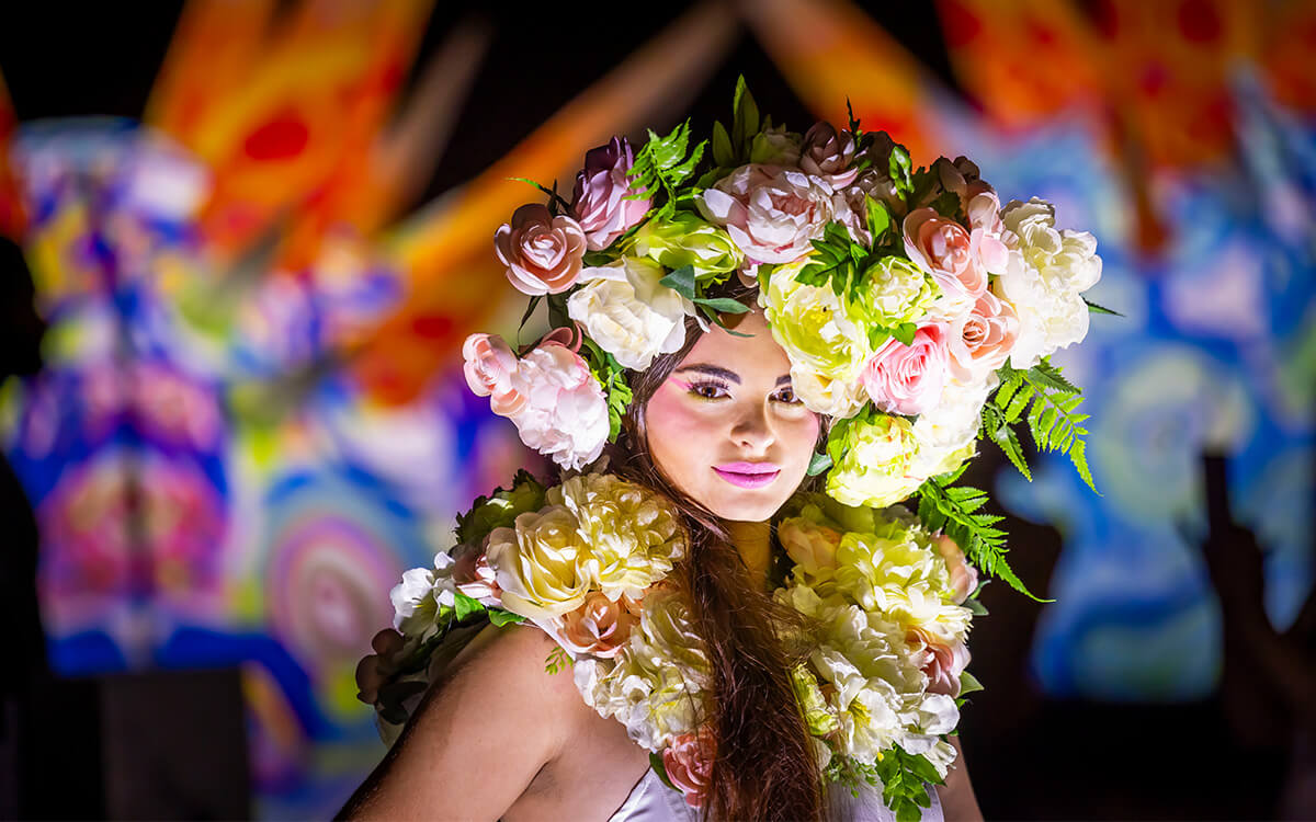 Woman wearing roses headpiece