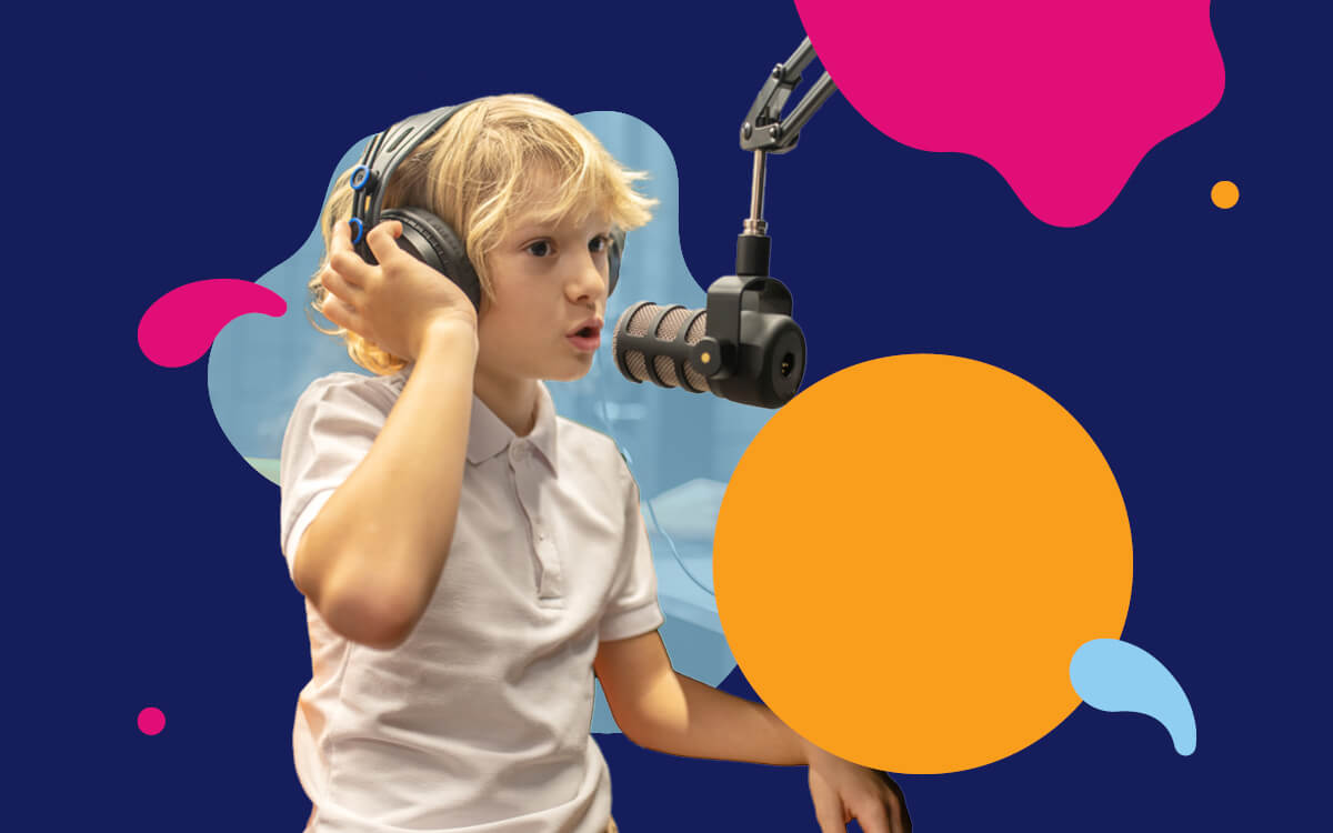 Boy doing a podcast with headphones and a microphone