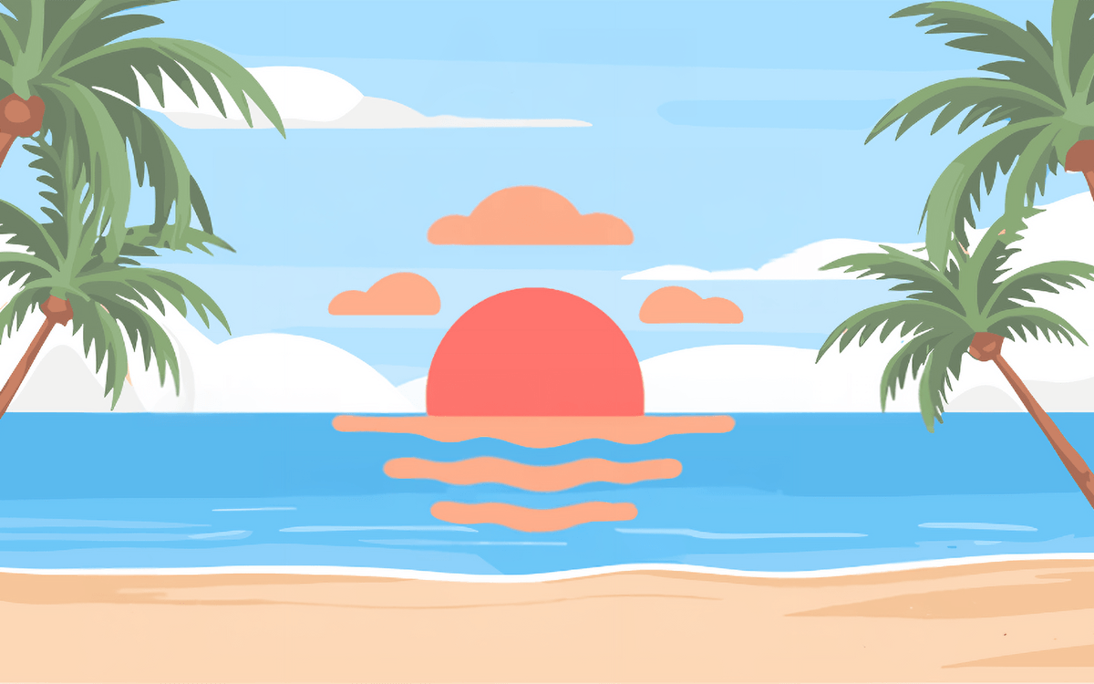 Cartoon tropical beach with sunset 