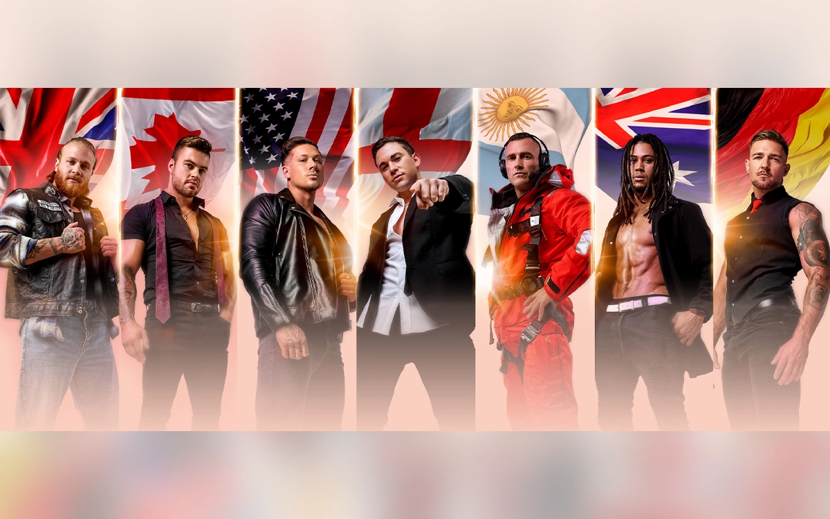 Magic Men standing against different country flags