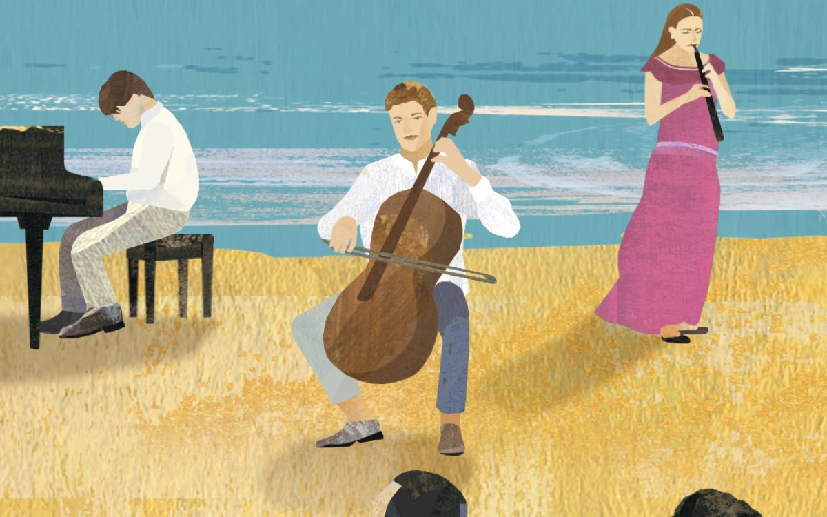 Animated people playing music during a sunset