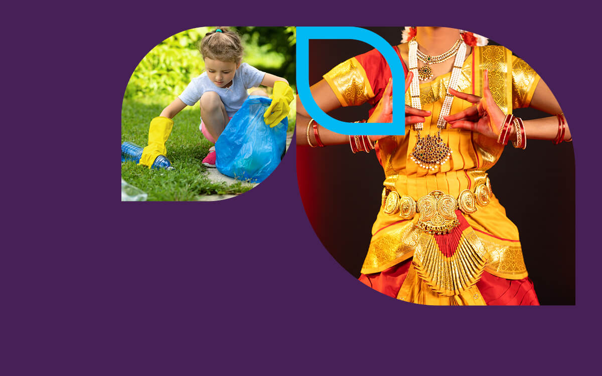 Child doing an outdoor clean-up and an Indian dancer