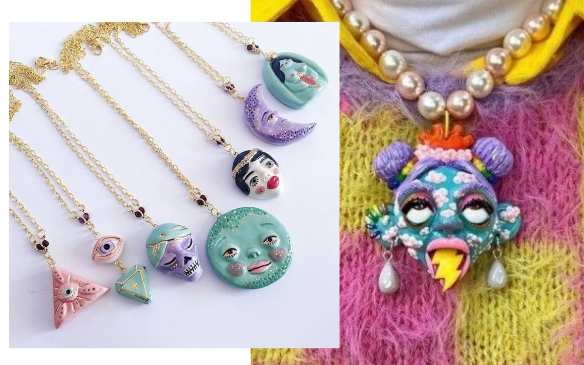Colourful clay jewellery charms on display