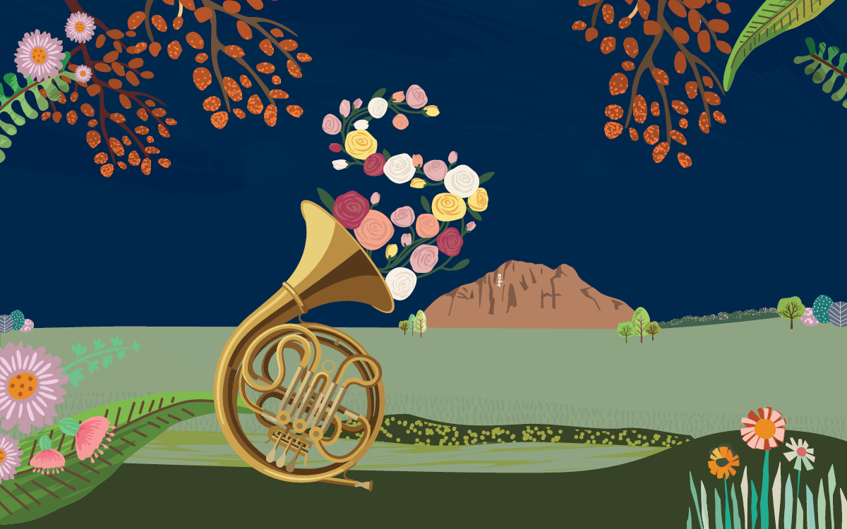 Musical instrument playing into a flowery background