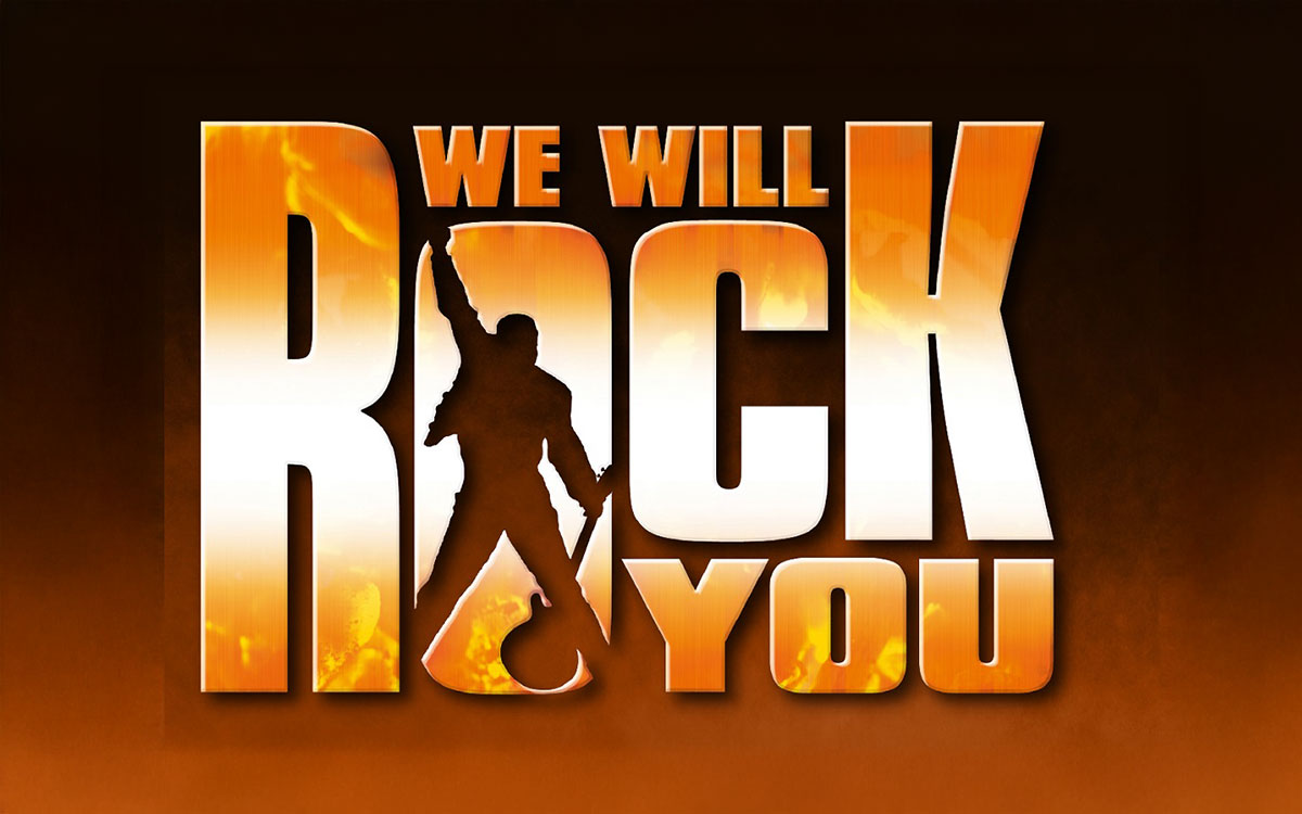 We Will Rock You text with a person holding a guitar