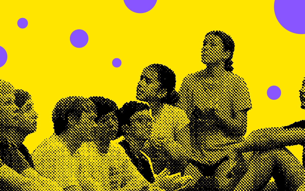 Young people in black halftone effect over a yellow background