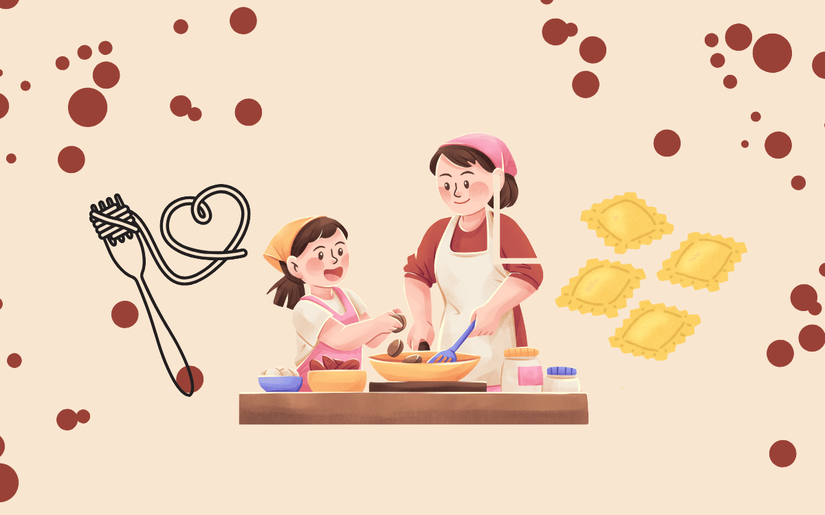 Cartoon mother and child cooking together