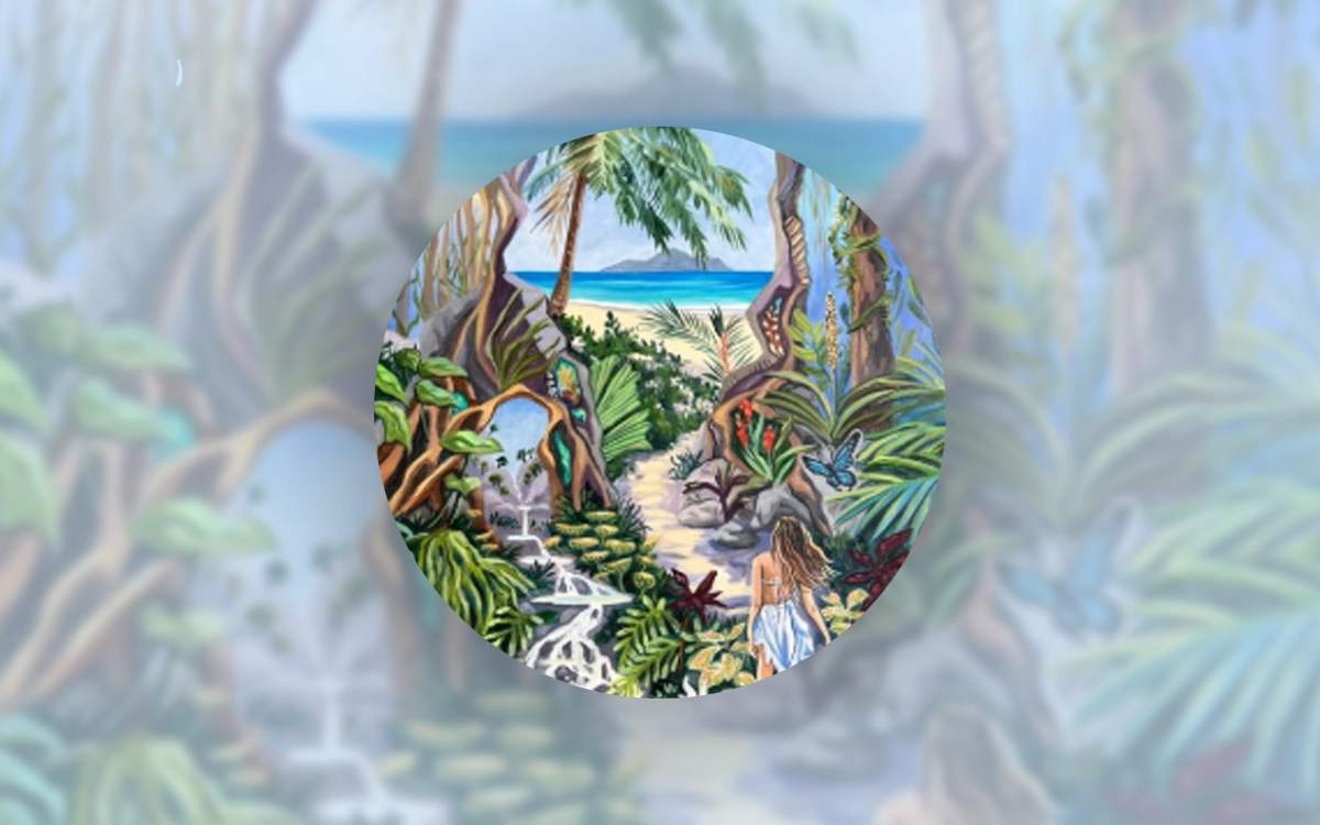 A painting of a woman walking through a jungle