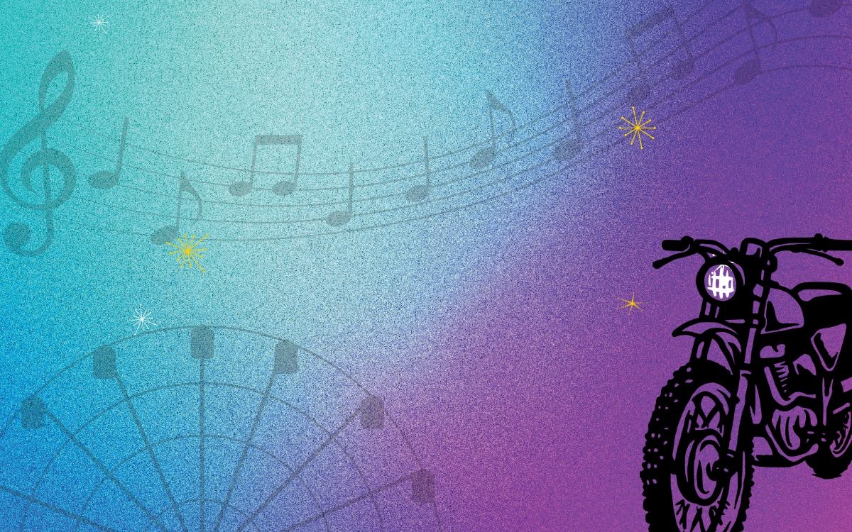 Bike and musical notes on purple and blue background