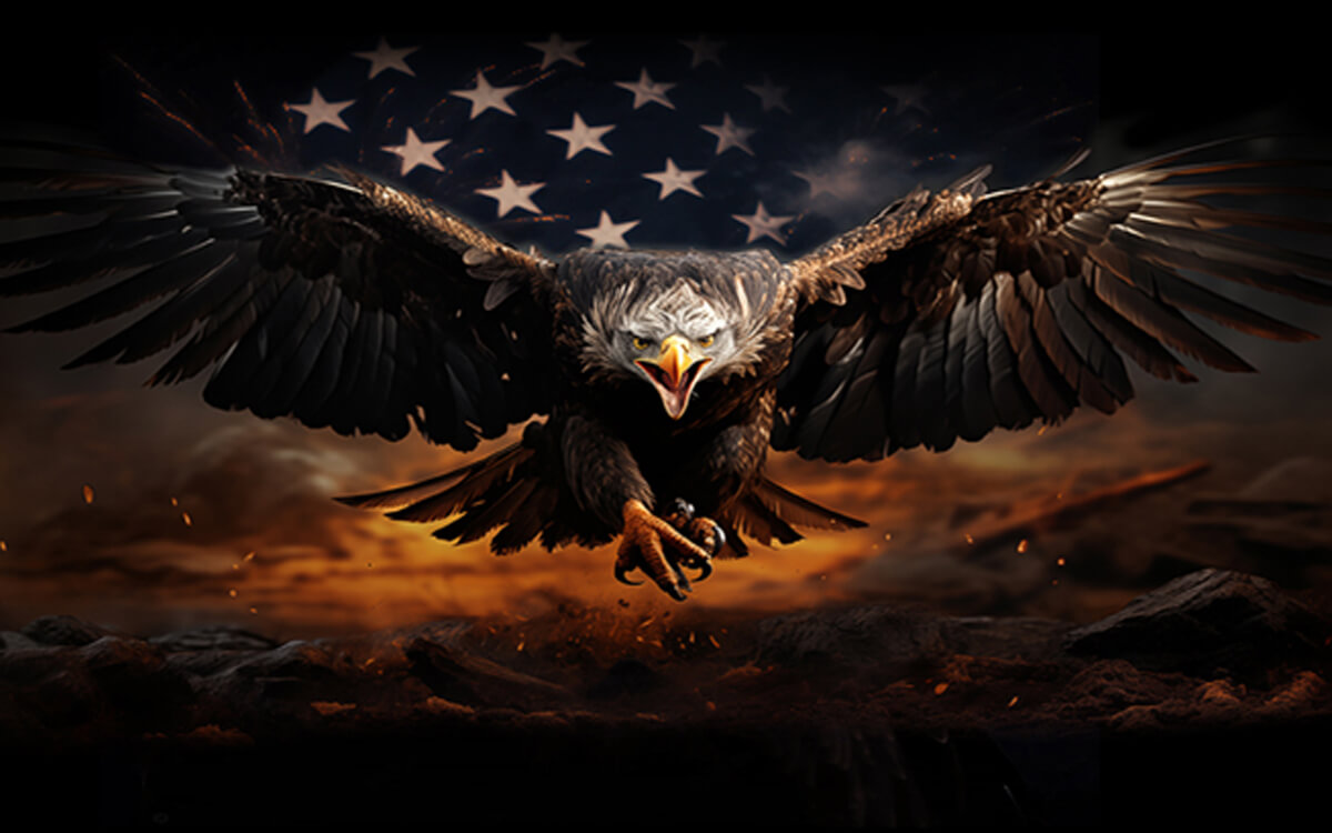 Eagle flying against an American flag