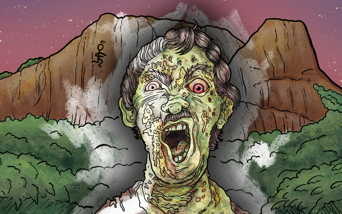 A zombie in front of castle hill, coloured in painterly