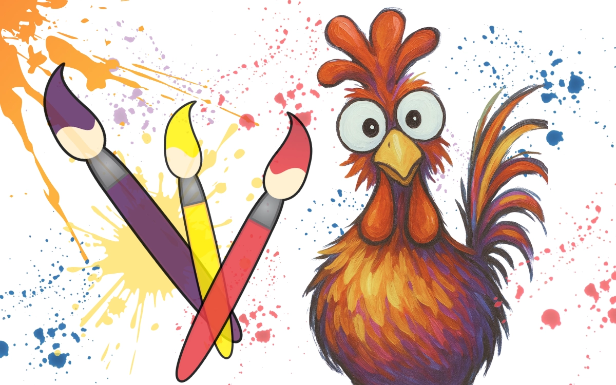 A chicken with paint brushes