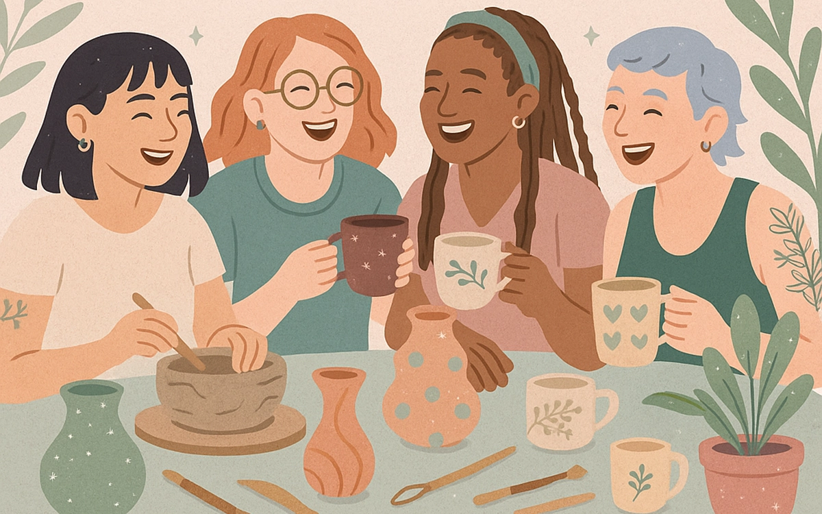 Friends smiling over coffee while making clay pots. ChatGPT AI generated image.