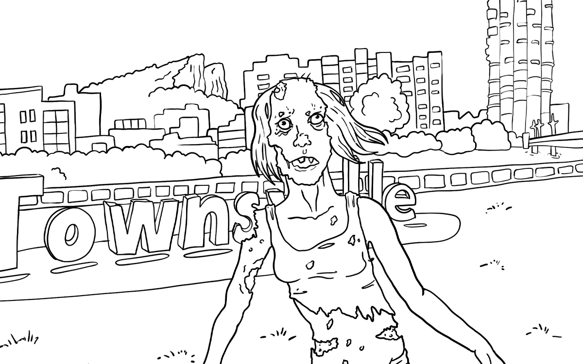 Lineart of a zombie in front of the townsville sign