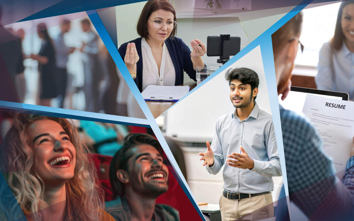 Montage of people doing public speaking